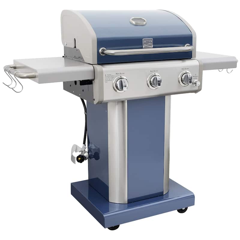 Kenmore 3-Burner Propane Gas Grill with Foldable Side Shelves - Blue/Silver