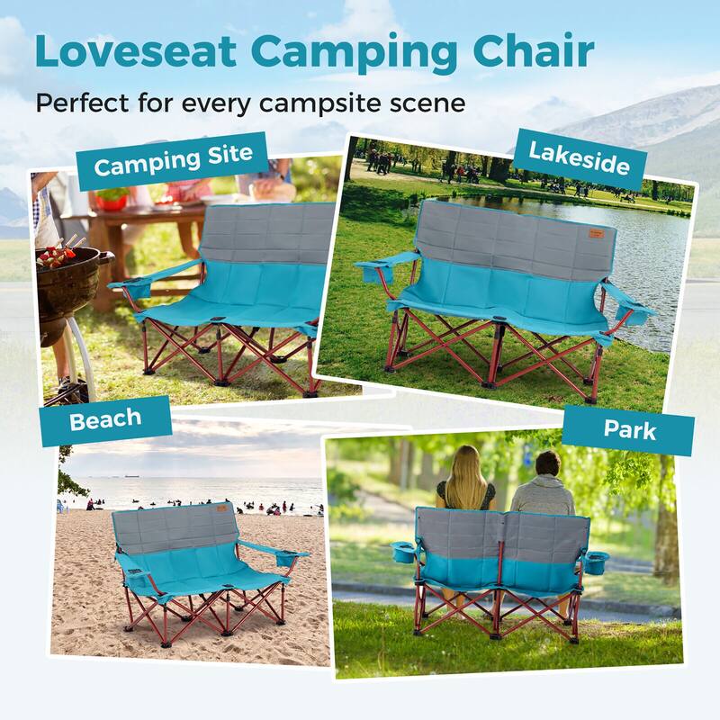 Gymax Oversized Camping Chair Folding Loveseat Camping Couch w/ Cup