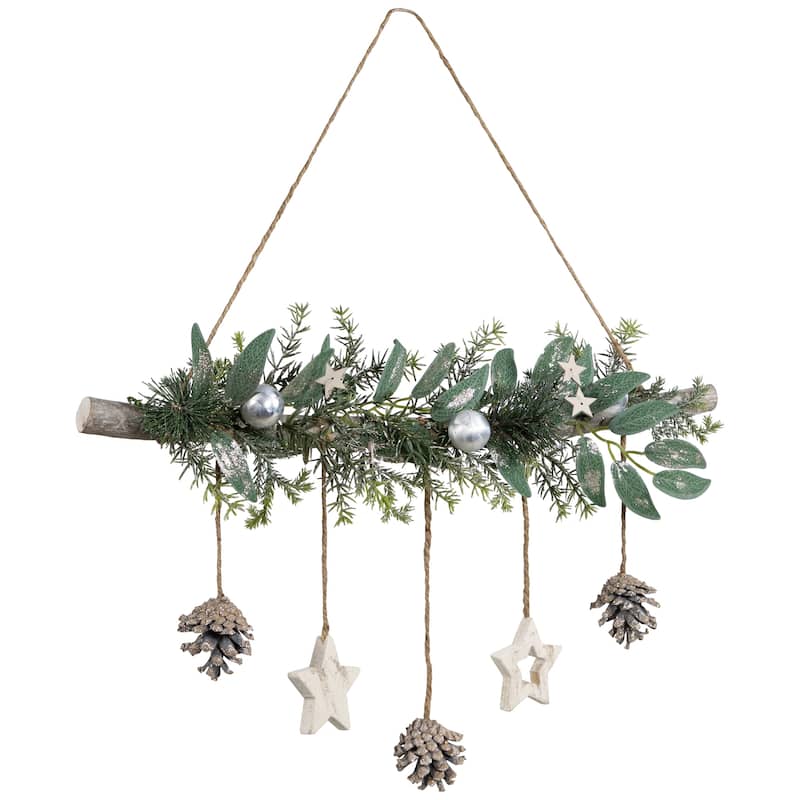 Glittered Holly Branch with Stars and Pinecones Christmas Wall Decoration - 20.75" - Silver