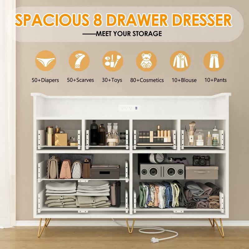 8 Drawer Dresser for Bedroom with LED Light, Charging Station & Open Shelf