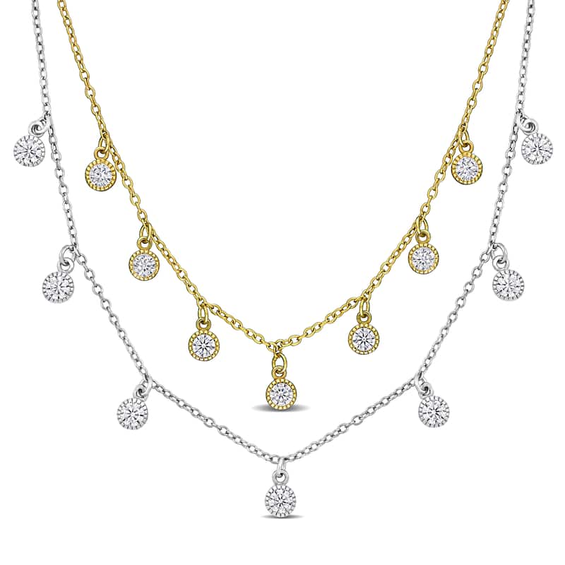 Miadora 1.3ct TGW Created White Sapphire Station Necklace Set Two-Tone Sterling Silver