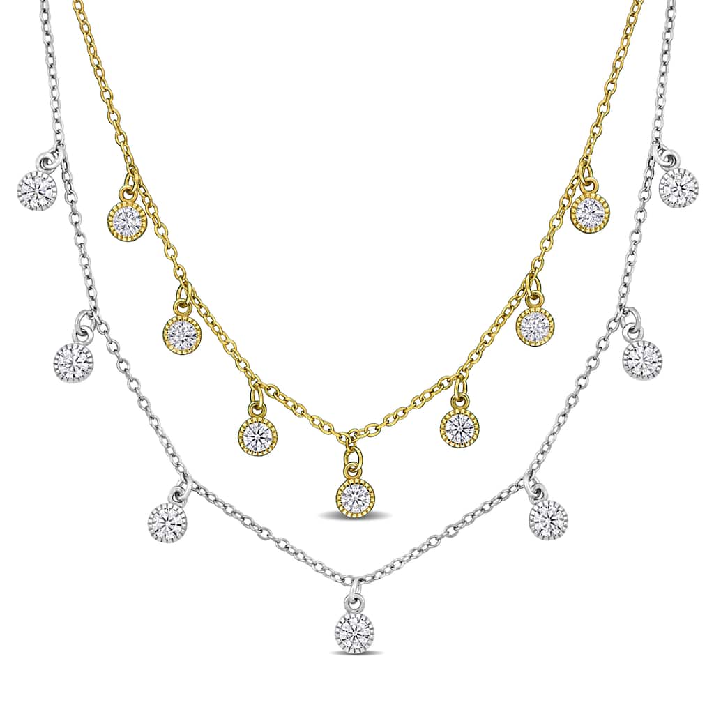 Miadora 1.3ct TGW Created White Sapphire Station Necklace Set Two-Tone Sterling Silver
