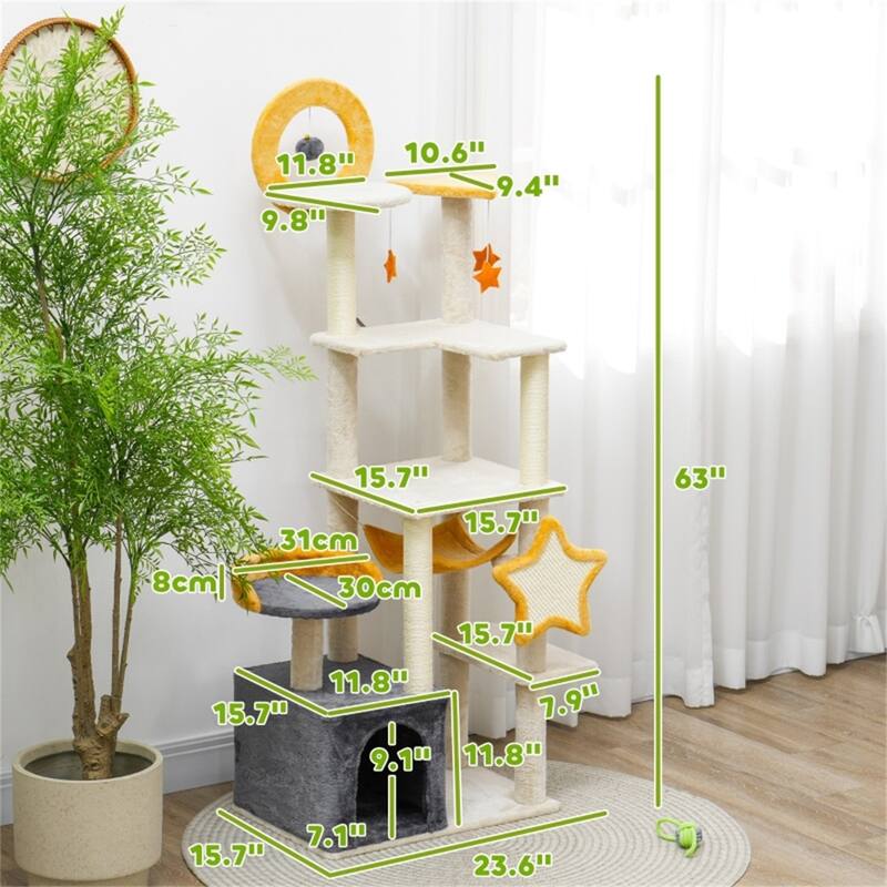 Particleboard and Sisal Cat Tree Includes Scratching Posts and Board to Protect Furniture - 23.6" W x 15.7" D x 63" H