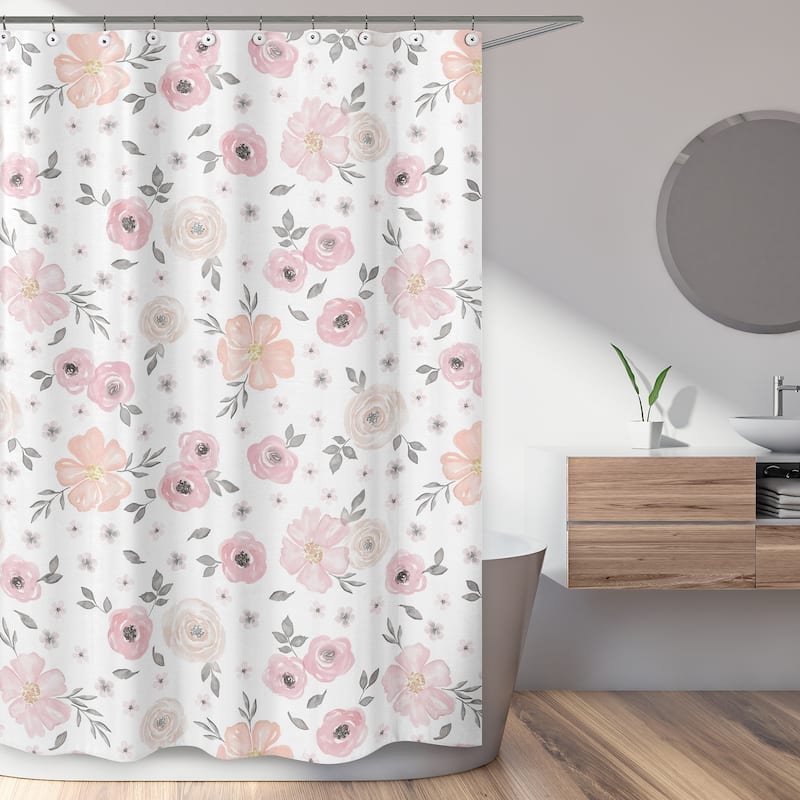 Sweet Jojo Designs Blush Pink, Grey and White Watercolor Floral Collection Bathroom Fabric Bath Shower Curtain