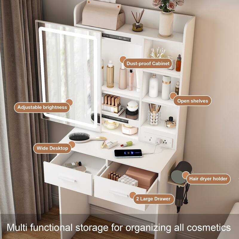 Small Vanity Desk with Mirror and Lights, Makeup Vanity Table with Power Outlet & 2 Drawers & 6 Shelves & Stool