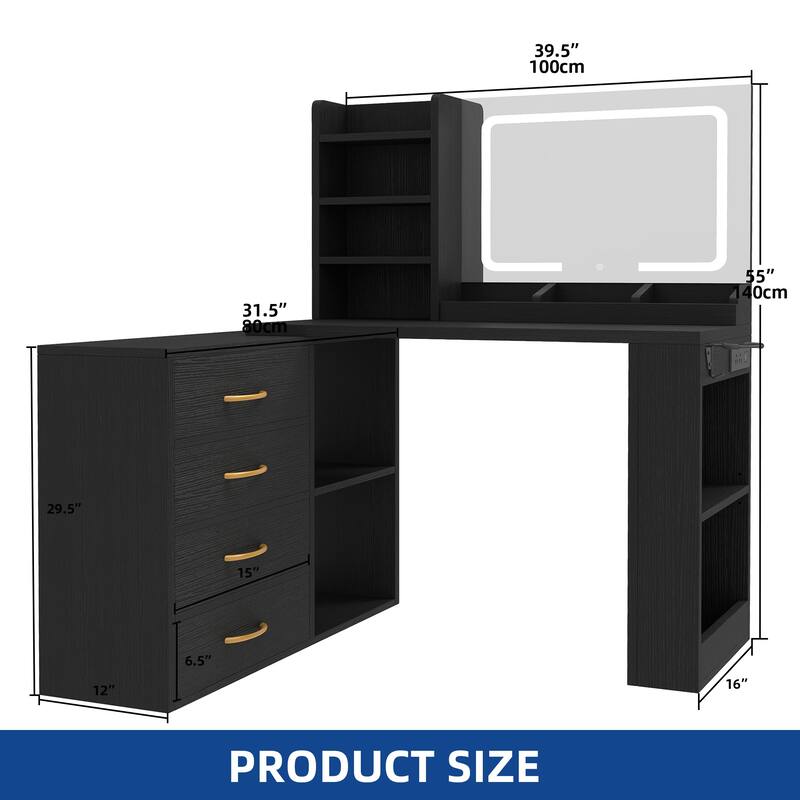 Moasis L-Shape Makeup Vanity Desk with Mirror and Lights & Charging Station