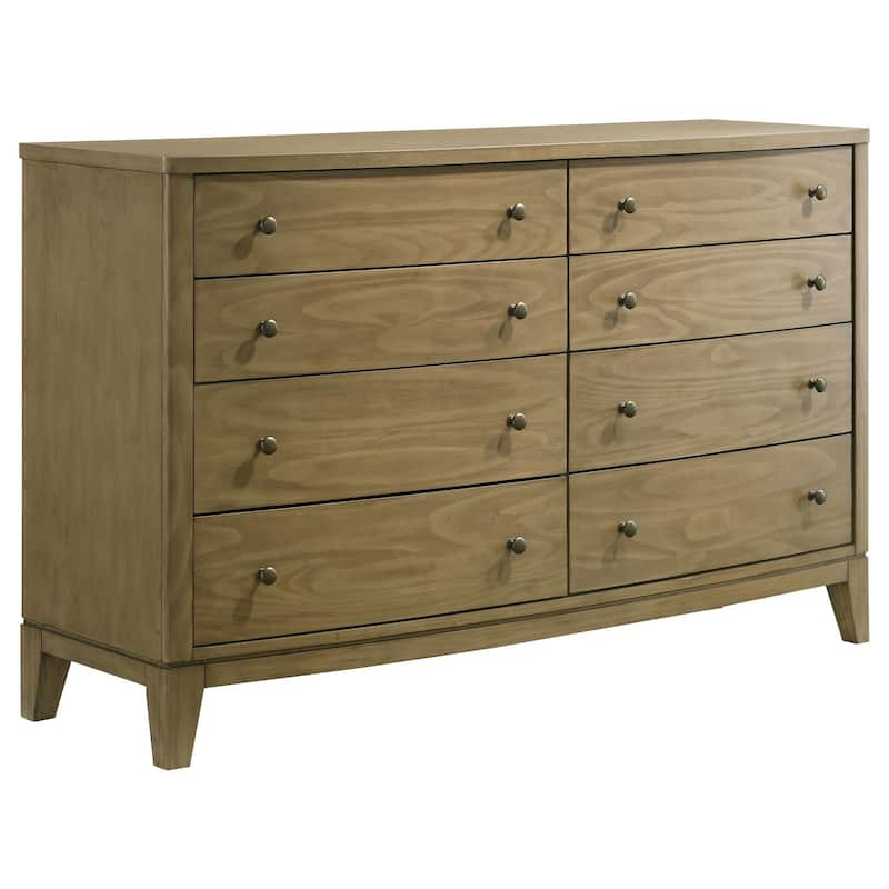 Heon Wide Dresser, 8 Drawers w Round Nickel Knobs, Natural Brown Pine