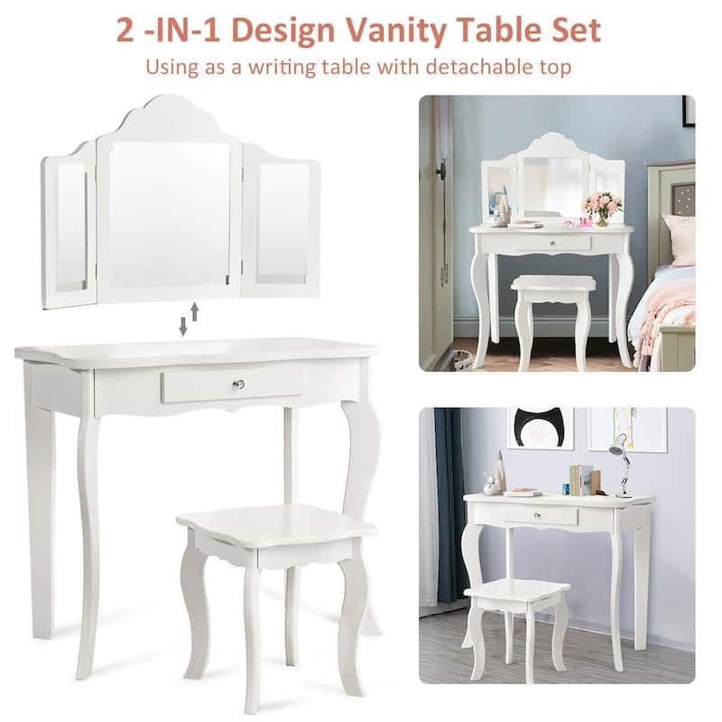 Kids Makeup Dressing Mirror Vanity Table Stool Set - 27.5" x 13.5" x 41" (L x W x H)