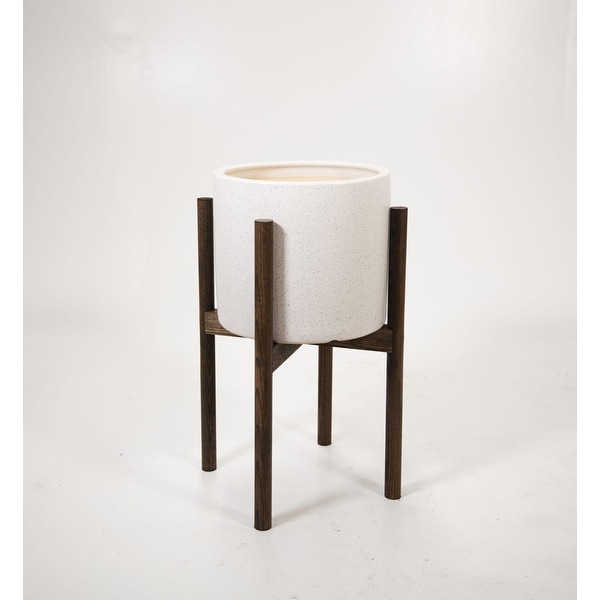 Large Ceramic Pot 10" Matte Ivory with Wood Stand. Opens flyout.