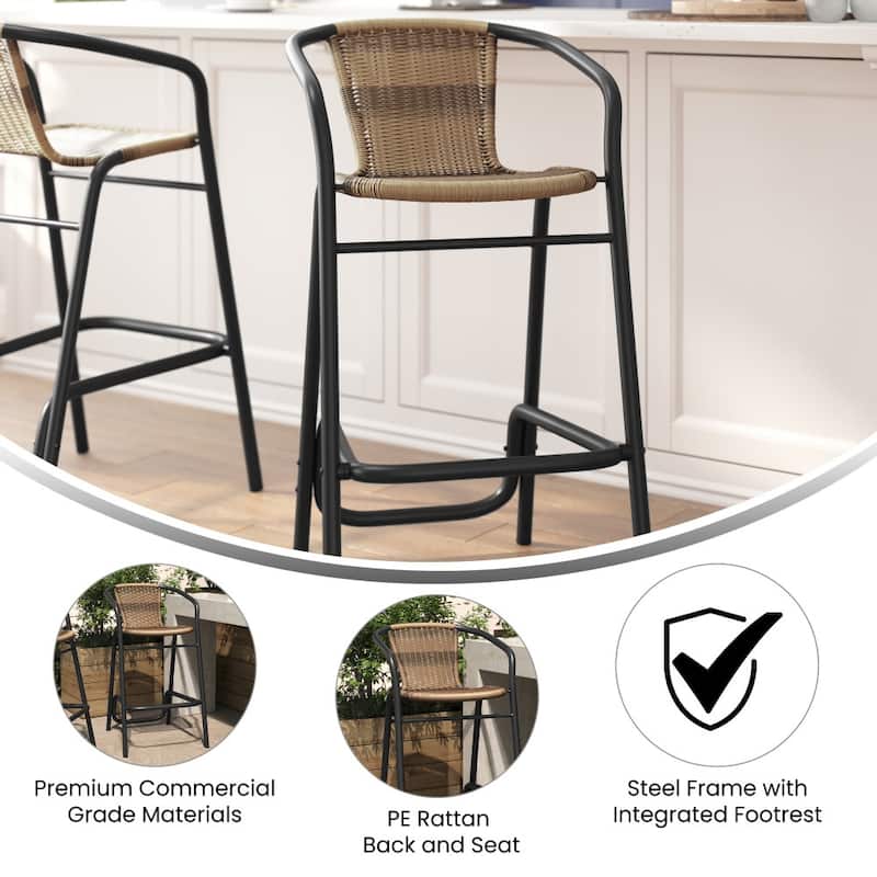 Commercial Indoor-Outdoor Rattan Restaurant Barstool with Aluminum Frame - N/A
