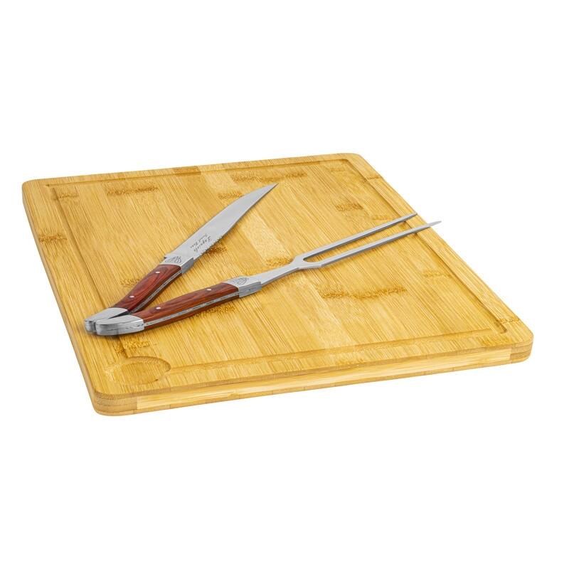 French Home Laguiole Pakkawood Carving Set with Wood Cutting Board - Brown
