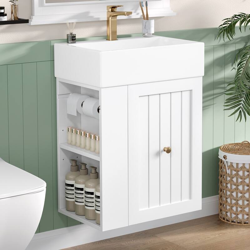 GDF Studio - Lizzar Modern Solid Wood + MDF 20-Inch Bathroom Vanity with Ceramic and Side Shelf - White