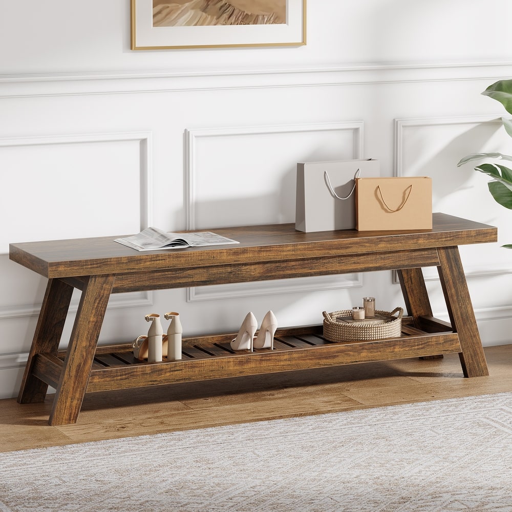 2-Tier Entryway Shoe Bench with Storage, 55-Inch Wood Storage Bench for Living Room, Bedrooms - 55.12" W x 13.78" D x 17.72" H