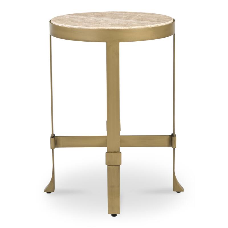 NADAAL STUDIOS Caelin Side Table, White Marble Top with Iron Base and Metal-Rim Edge, White - Travertine