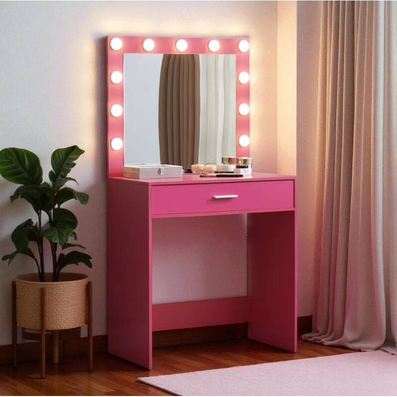 Makeup Vanity Desk with Mirror and LED Lights, Large Drawer, Adjustable Brightness and Storage Shelf