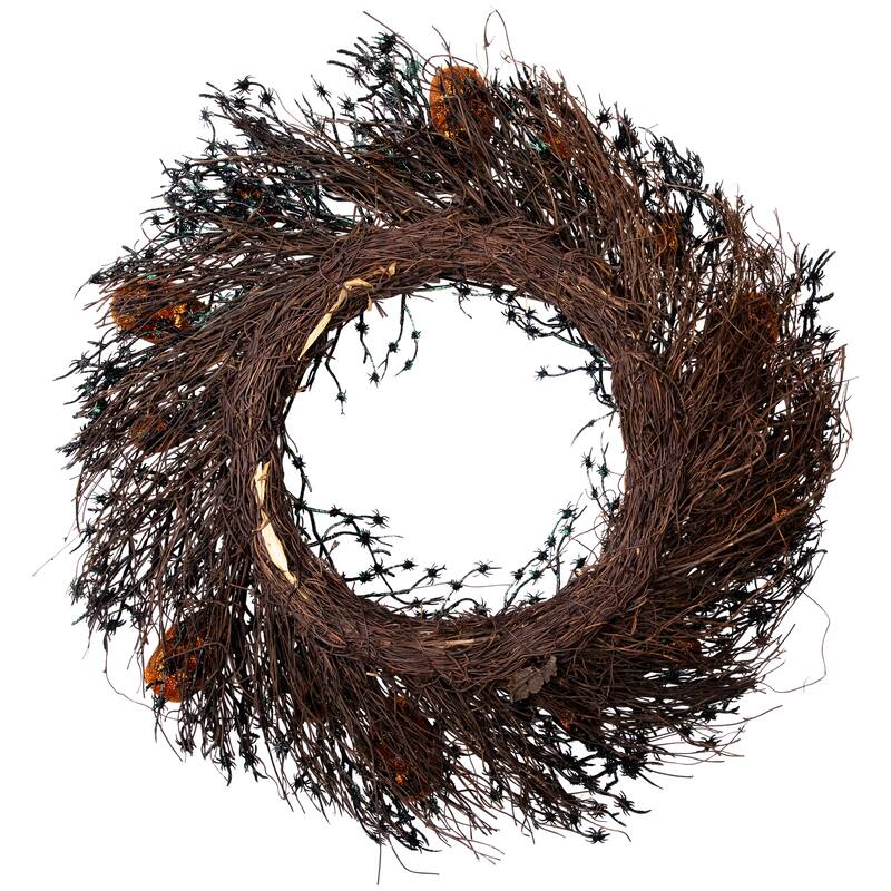 Black & Orange Skulls & Spiders Halloween Twig Wreath, 22-Inch