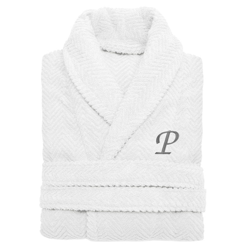 Authentic Hotel and Spa White with Grey Monogrammed Herringbone Weave Turkish Cotton Unisex Bath Robe - S/M - P