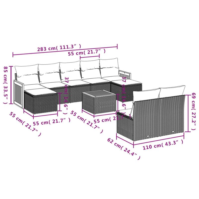 vidaXL Patio Sofa Set with Cushions Outdoor Conversation Furniture Poly Rattan - 21.7 x 21.7 x 14.6
