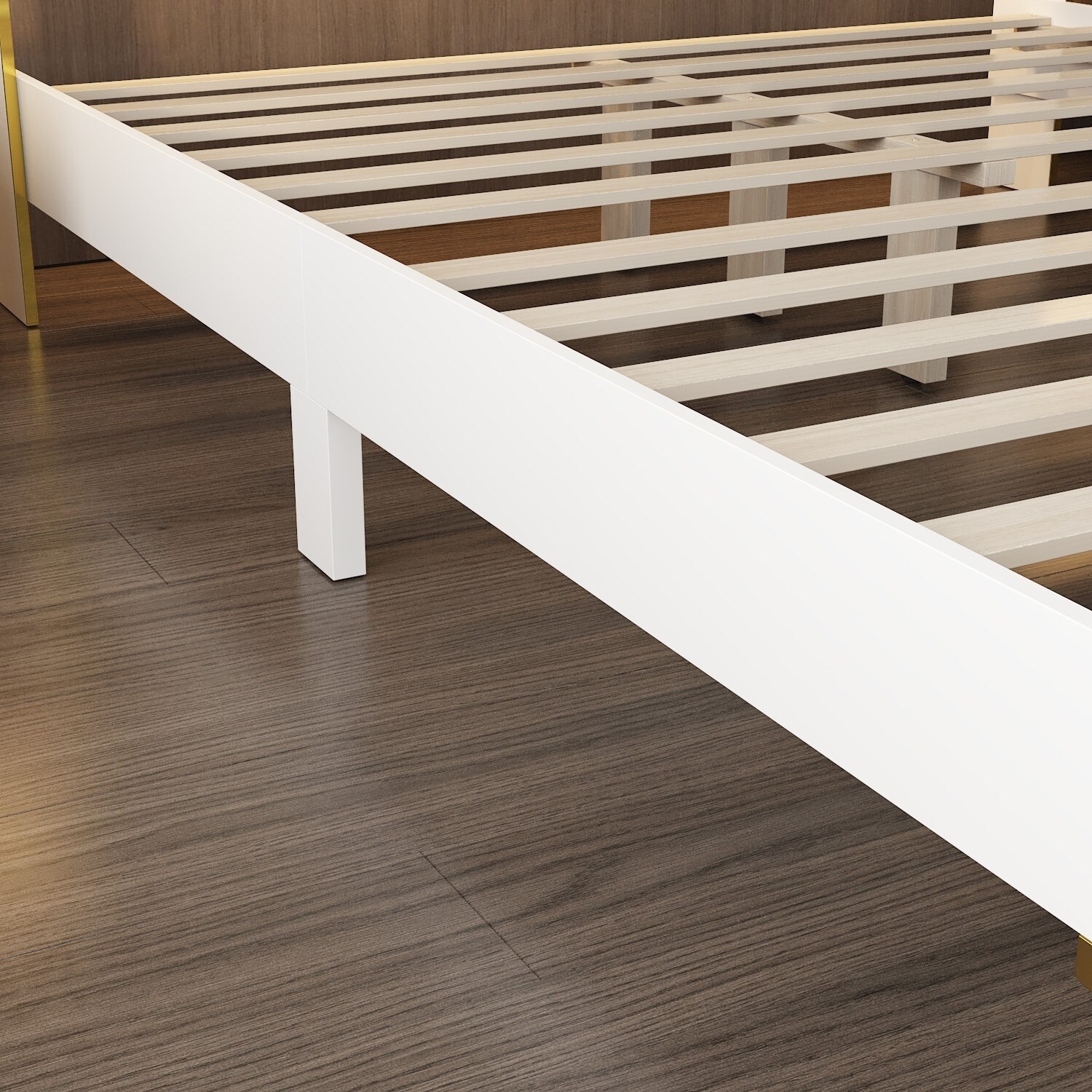 White Bed Frame: PU - Upholstered Headboard with Exquisite Gold