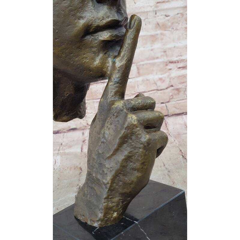 Abstract Dali Bronze Face Sculpture – Silence Shushing Statue On Marble Base