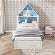 preview thumbnail 1 of 16, Twin House Kids Bed Frame with Bookcase, LED Light & Trundle, Blue + White Blue+ White