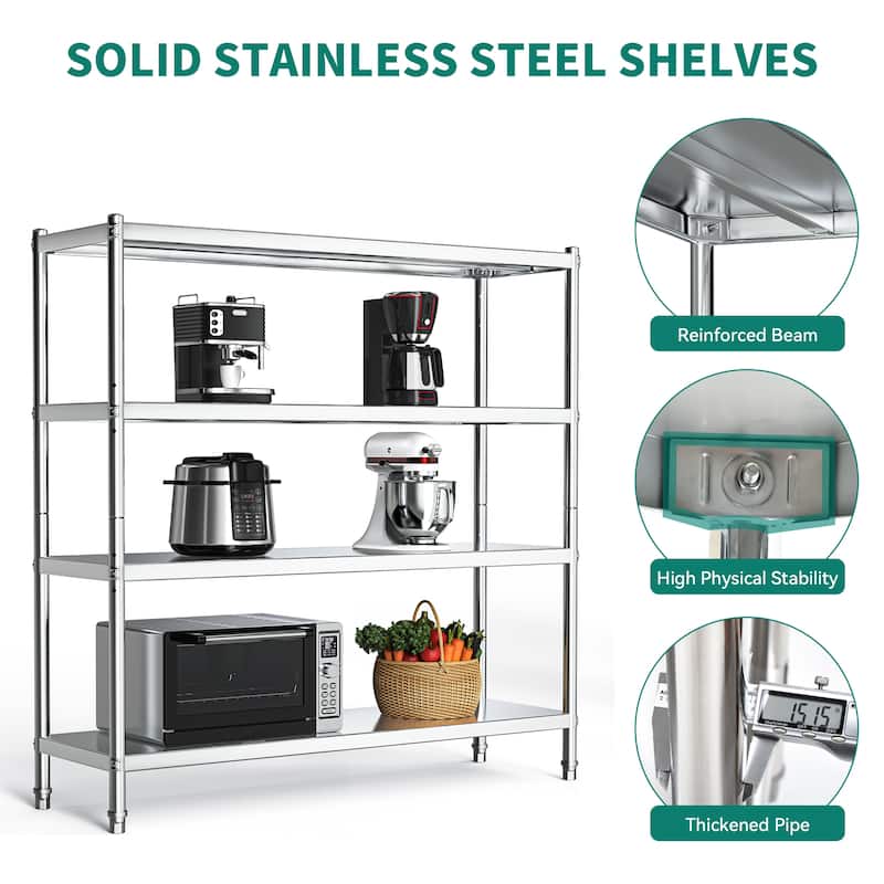 Stainless Steel Shelves, 60"*18"*60" 4 Tier Storage Shelf, Heavy Duty Shelving for Kitchen Garage Office Restaurant Warehouse