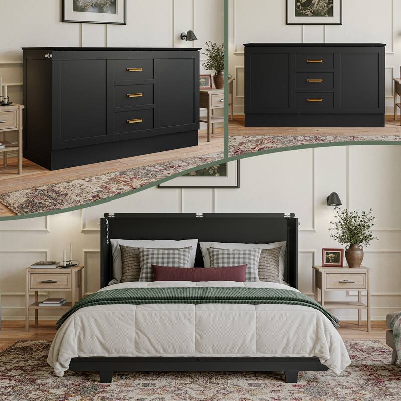 AFI Charleston Murphy Bed Chest with 6" Mattress - Black - Queen