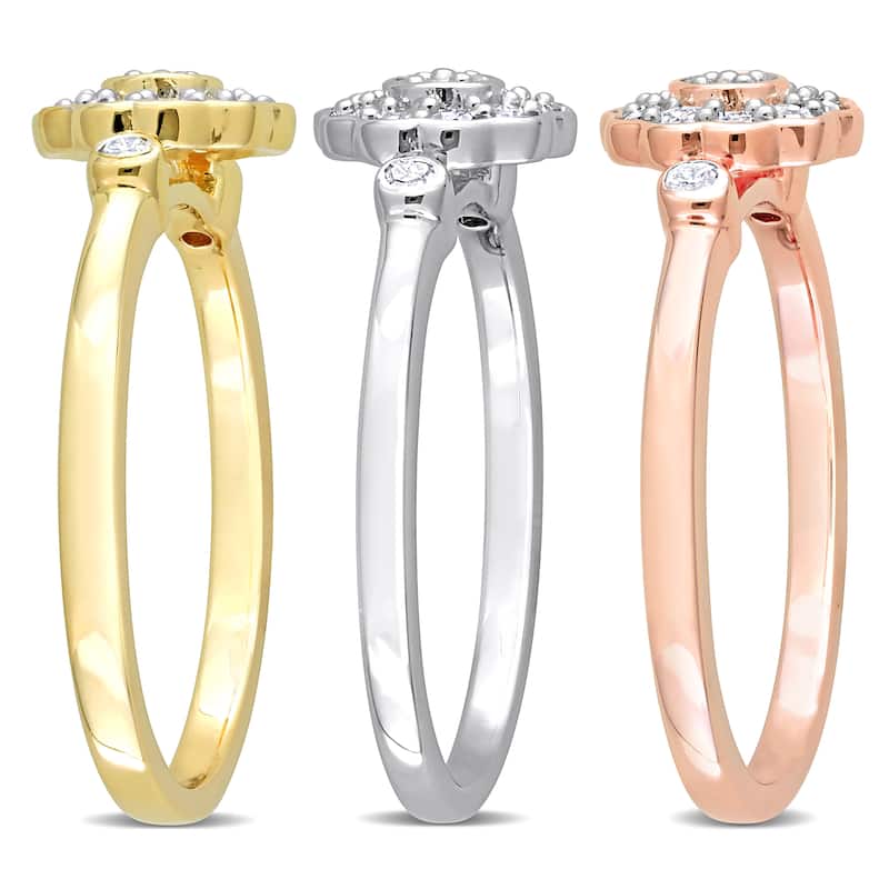 Miadora 3-Piece Set 5/8ct TW Diamond Flower Rings 3-Tone Rose Yellow White Sterling Silver