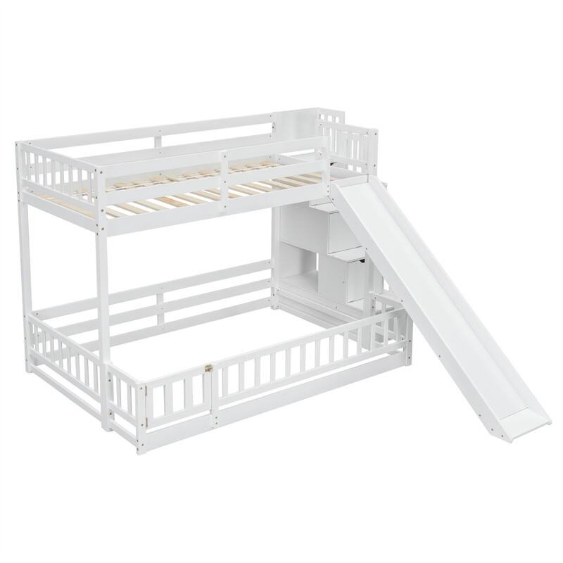 Twin Over Full Multifunctional Kids Bunk Bed Frame with Slide, Wooden Loft Bed with Storage Staircase and Guardrails