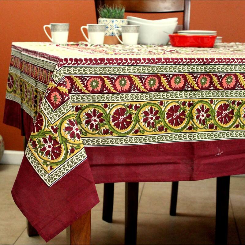 Cotton Angelic Sunflower Print Floral Tablecloth Rectangle Collection - 70 x 104 in - Burgundy