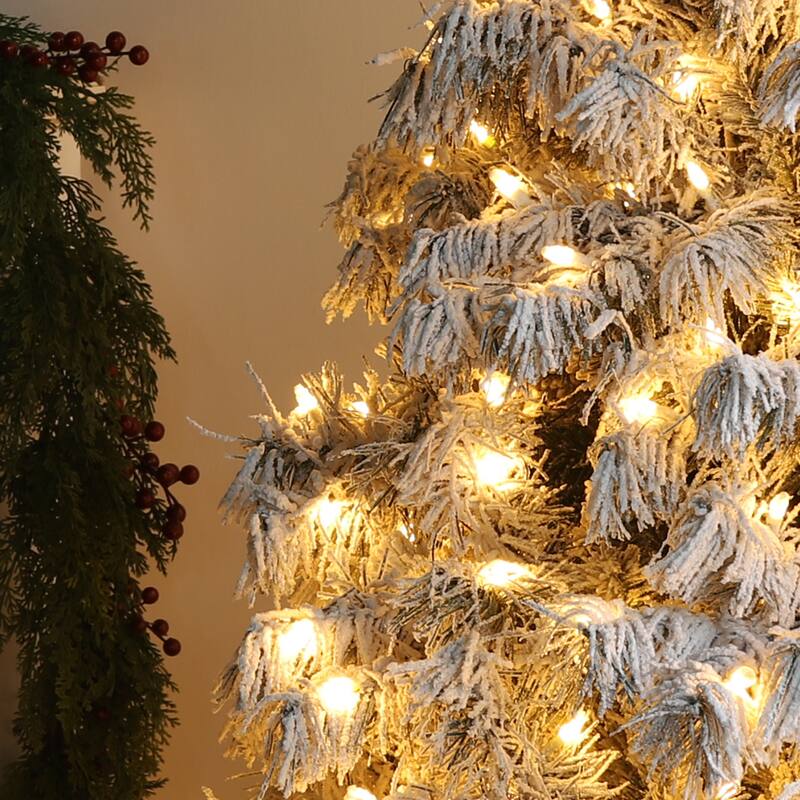 Glitzhome 7.5ft/9ft Pre-Lit Flocked Full Spruce Artificial Christmas Tree with C3 Lights Foot Switch