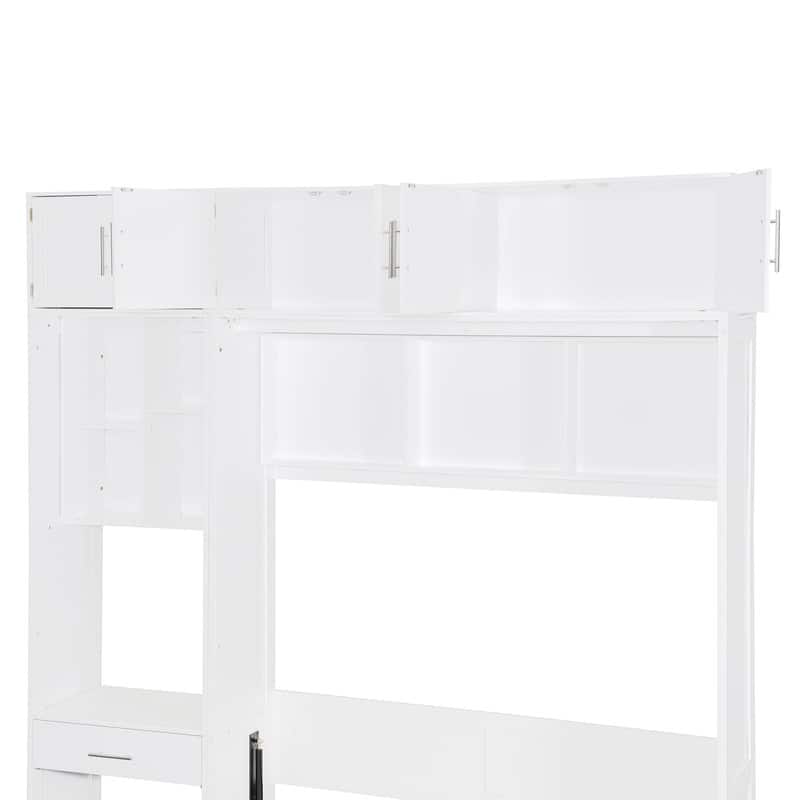 Full Size Wall Murphy Bed with Desk, Top Cabinet and Storage Shelves, Space Saving Foldable Bed,White
