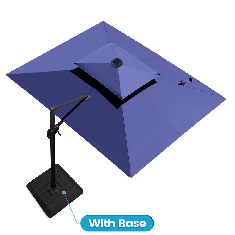 9 x 11 FT Outdoor Dual Top Solar Powered LED Aluminum Patio Cantilever Umbrella and Weighted Base - Navy Blue