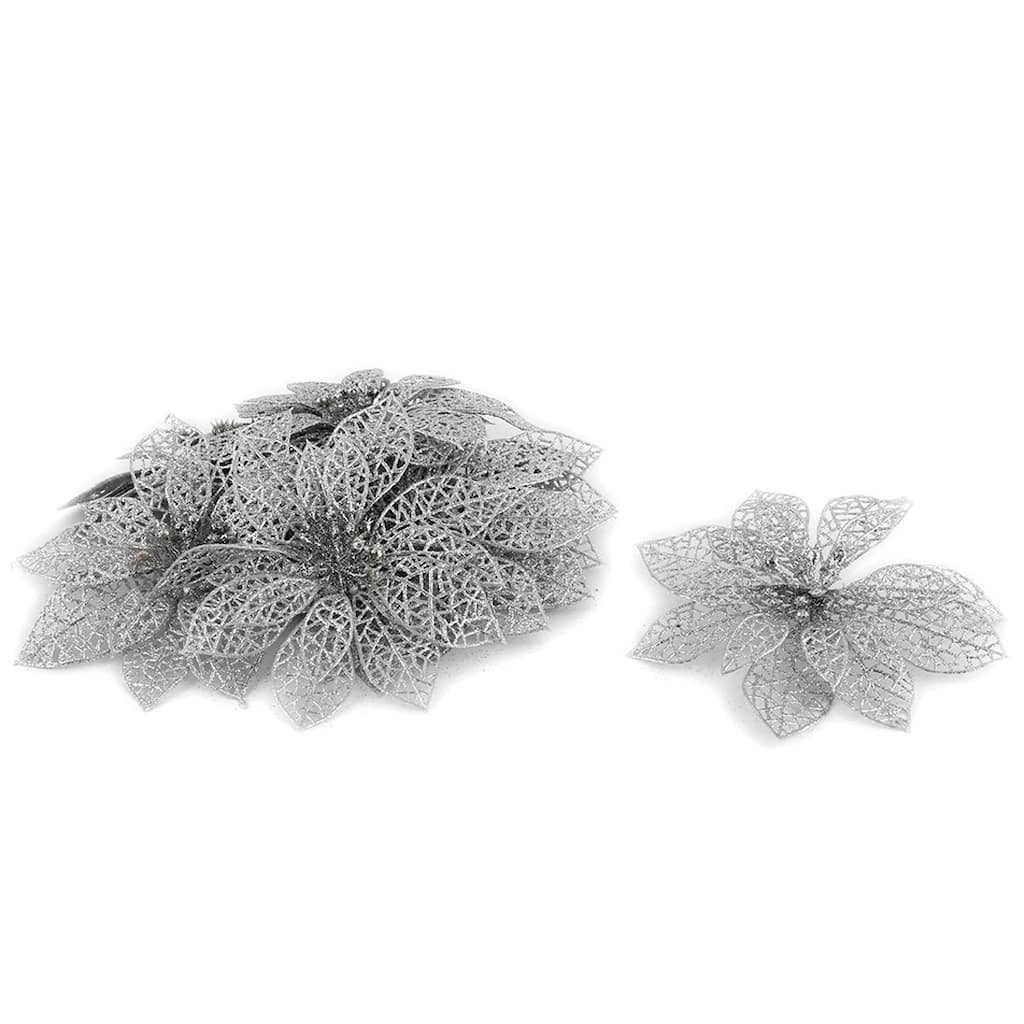Home Christmas Tree Artificial Glitter Hanging Flower 10 Pcs - Silver Tone
