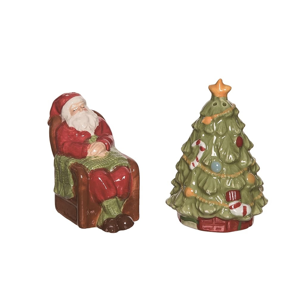 Transpac Dolomite 3.25 in. Multicolor Christmas Classic Santa Tree Salt and Pepper Shakers Set of 2