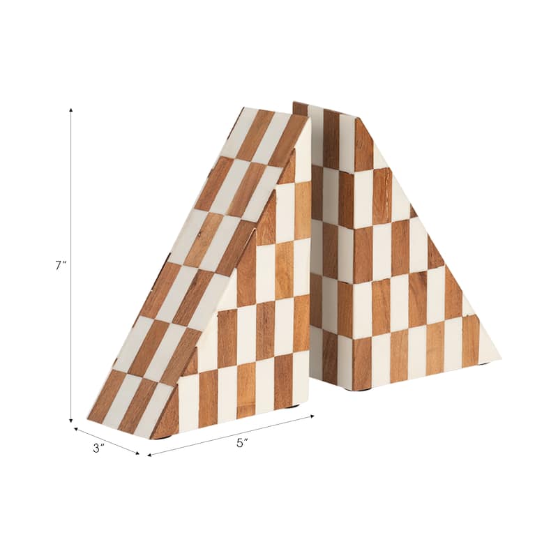 Decorative Resin Triangular Bookends with Checkered Pattern -7", Ivory - 7.0"