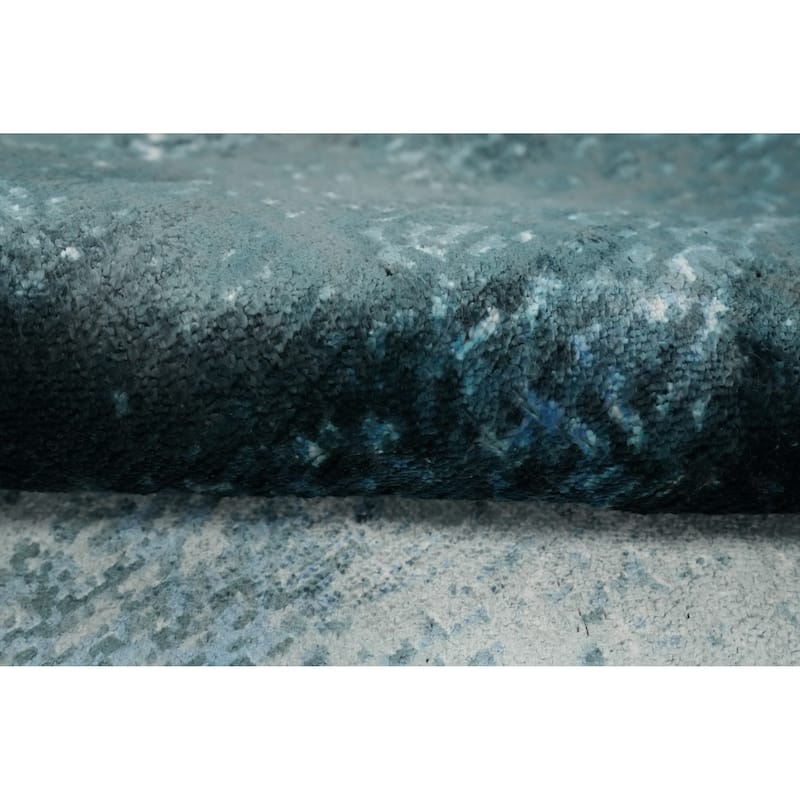 Hand Knotted Oriental Viscose Silk Carpet Modern Pictorial Navy Blue & Blues Abstract Area Rug - 7' 10'' X 5' 8''