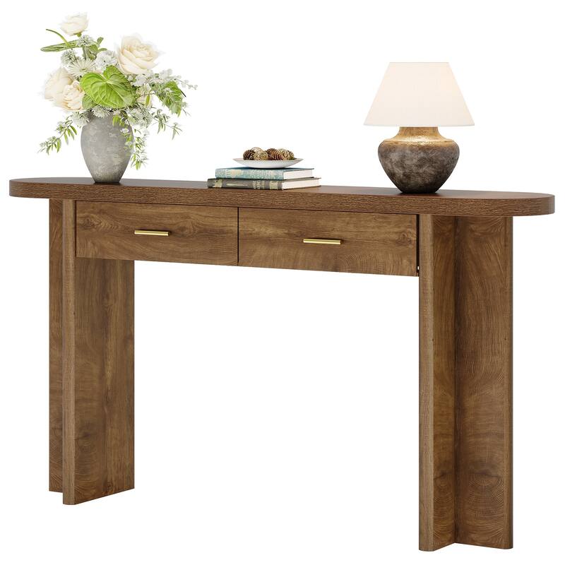 63-Inch Console Table with 2 Drawers, Farmhouse Curved Entryway Table