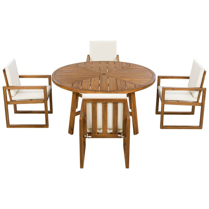 Roomfitters 5 Pcs Acacia Wood Outdoor Dining Set with Table & 4 Armchairs for Patio, Garden or Balcony, Beige
