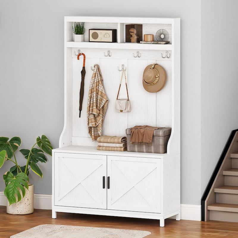 Moasis Farmhouse 39"W Hall Tree with Shoe Storage Seating Bench - White
