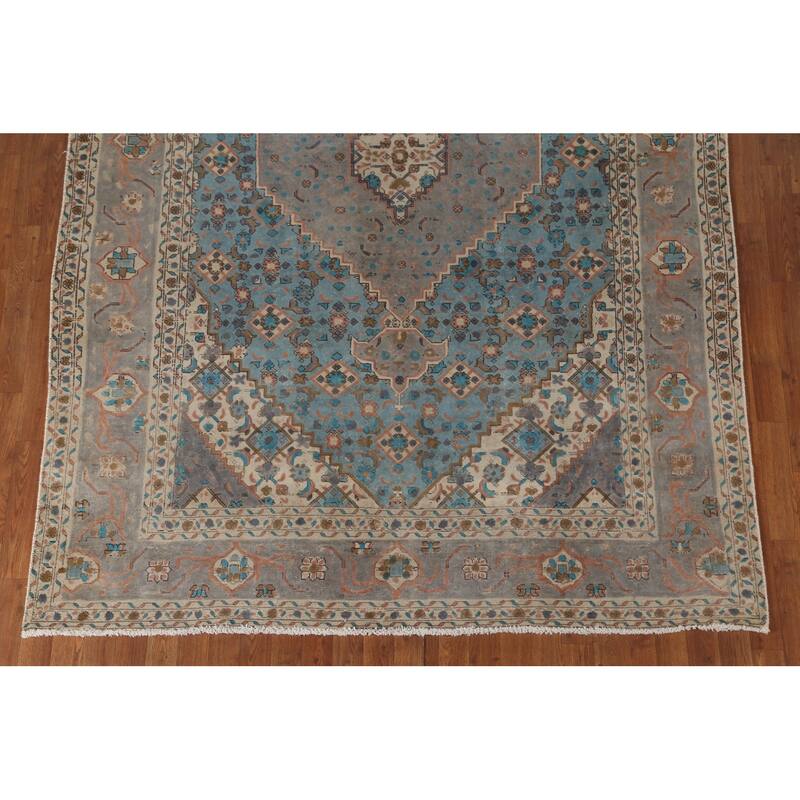 Blue Over-Dyed Tabriz Persian Vintage Rug Hand-Knotted Wool Carpet - 6'9"x 9'9"