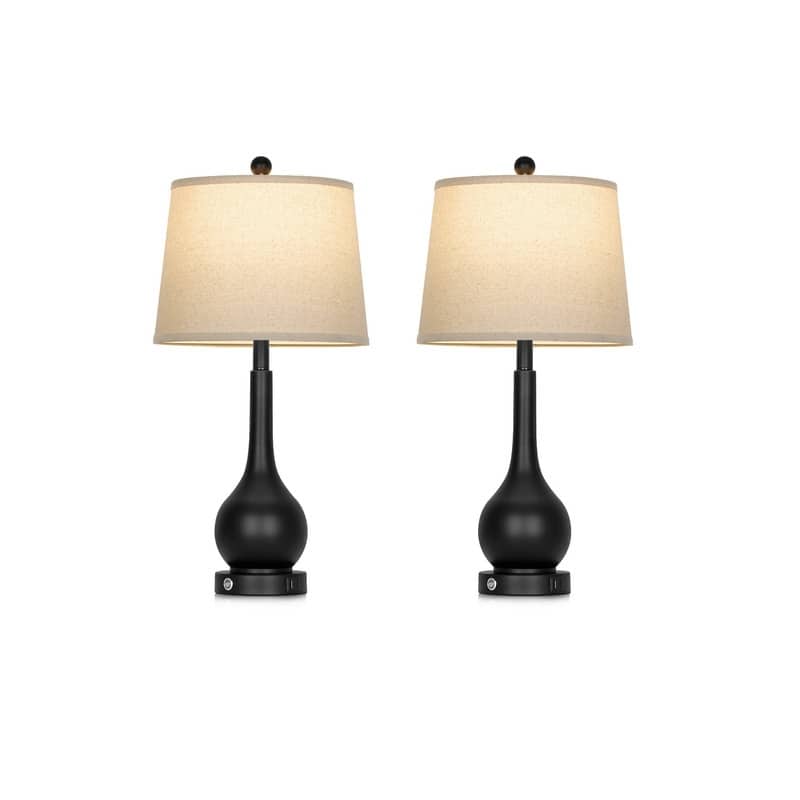 26'' Modern Table Lamps with Oatmeal Fabric Shades & Dual USB Charging Ports (Set of 2) - 12.5'' X 12.5'' X 26'' - Black - 12.5'' X 12.5'' X 26''