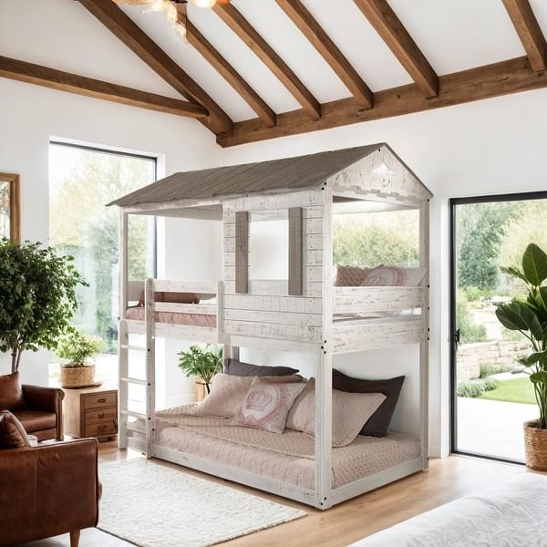 slide 2 of 14, Twin/Twin Bunk Bed with Solid Pine Wood Frame & Guardrails, White White