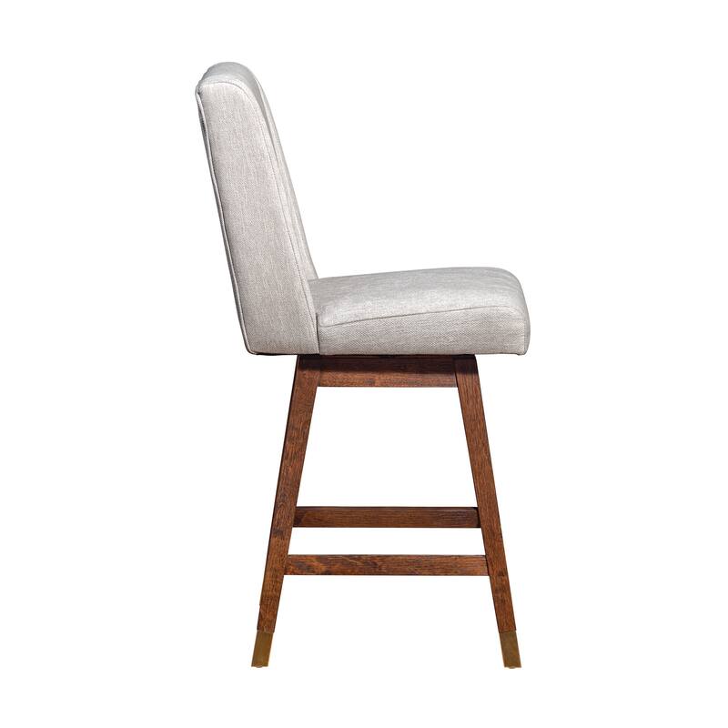 HomeRoots 26" Beige and Brown Fabric and Solid Wood Counter Height Swivel Bar Chair