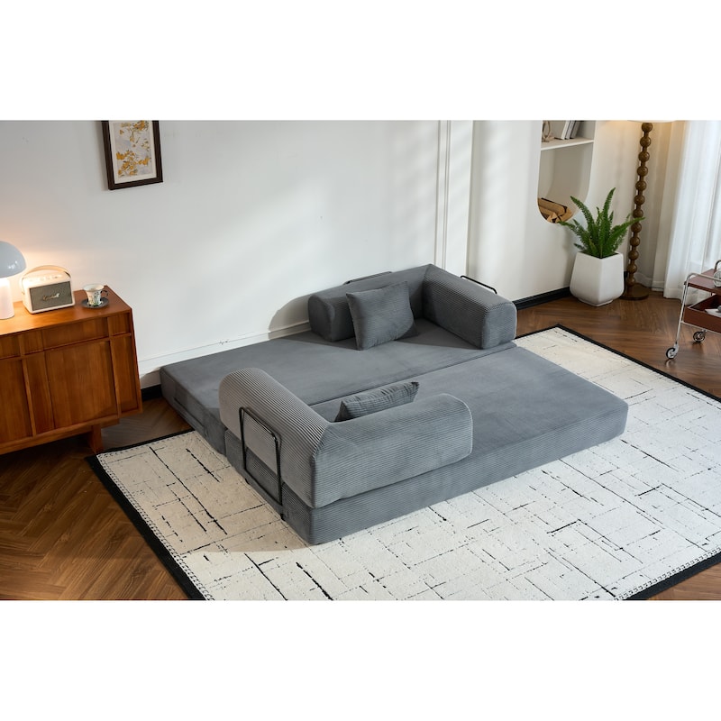 Convertible Sleeper Sofa Bed with Pillow, Corduroy Folding Mattress Couch with Fixed-Shape Frame, Floor Lounge Loveseat Sofa