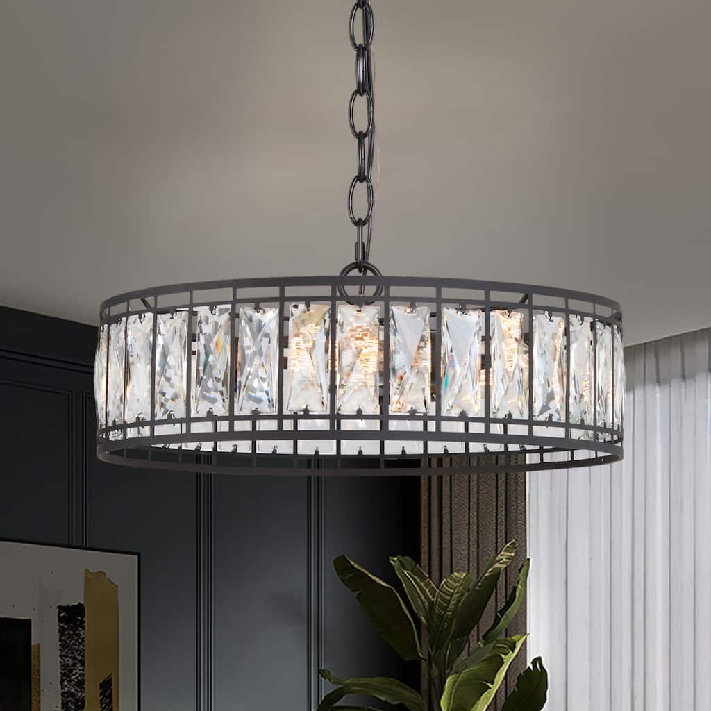 Aulia Mid-Century Modern 3-Light Black Drum Crystal Chandelier for Dining Room - D15.5"x H 6.5"