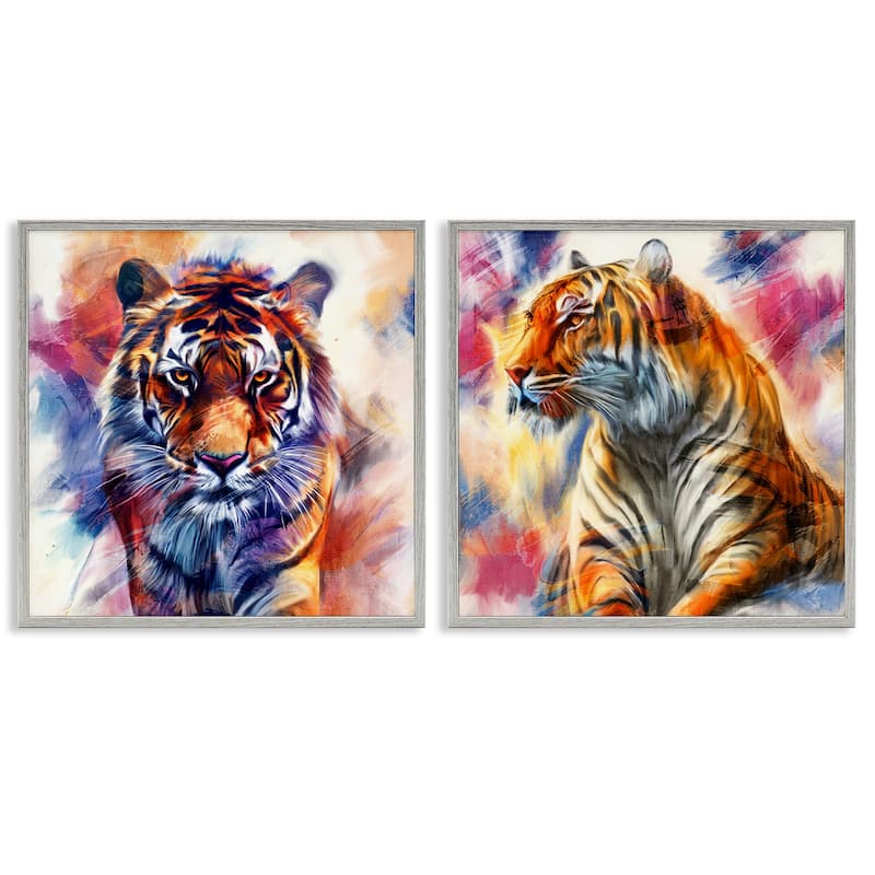 Stupell In The Wild Fierce Tiger Framed Giclee Art Design By Kim Allen (Set of 2) - 24 x 24 - Grey