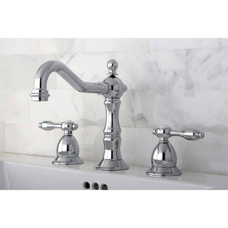 Tudor Deck Mount Widespread Bathroom Faucet with Brass Pop-Up
