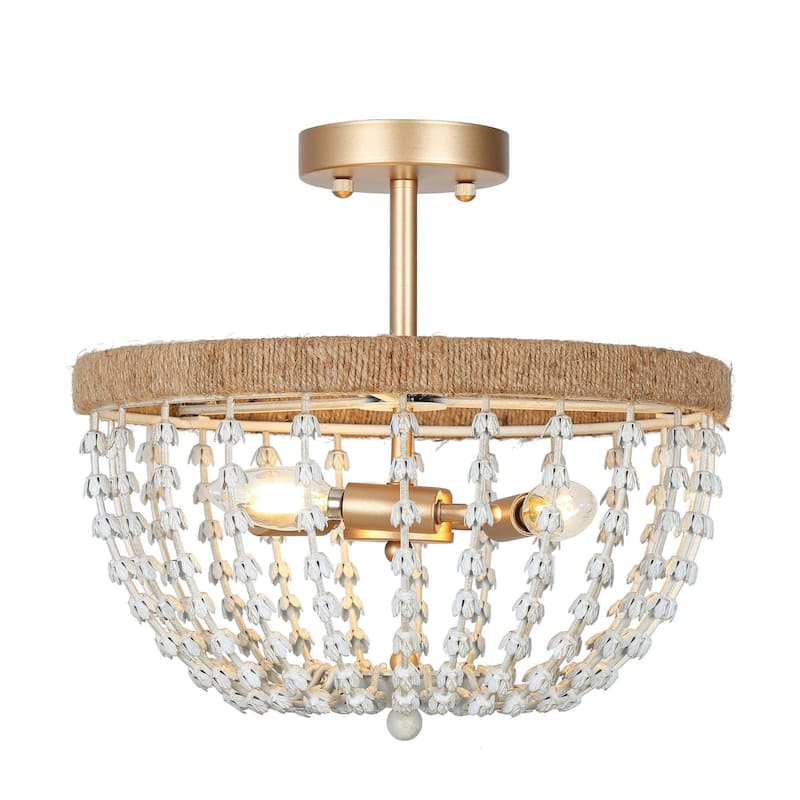 Farmhouse Boho Beaded 3-Light Chandelier Gold Semi-flush Mount Ceiling Light for Kitchen Island Living Room