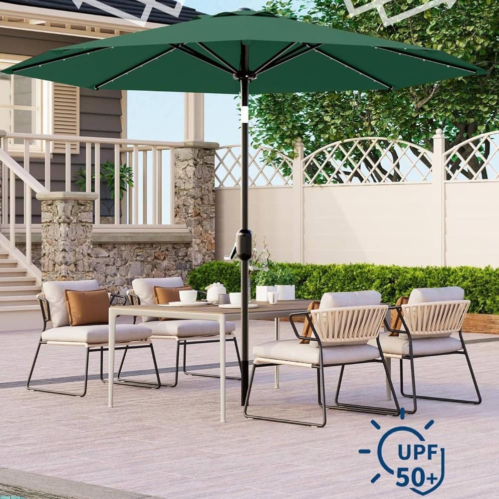 9 Ft Patio Umbrella with Solar Lights for Pool, Deck, Backyard